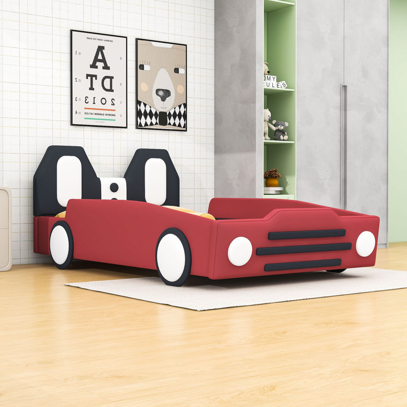 Upholstered Twin Race Car-Shaped Platform Bed With Safety Guardrails, Red