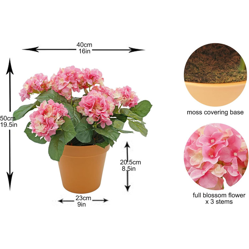 Premium Quality Artificial Hydrangea Flower Bush in Terracotta Coloured Pot (50cm) with Nine Flower Clusters for, Pink