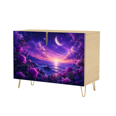 Sideboard Buffet Cabinet with Storage Fantasy Purple Ocean Sunset Crescent Moon Blooming Roses Dreamy with 2 Doors for Living Room and Kitchen