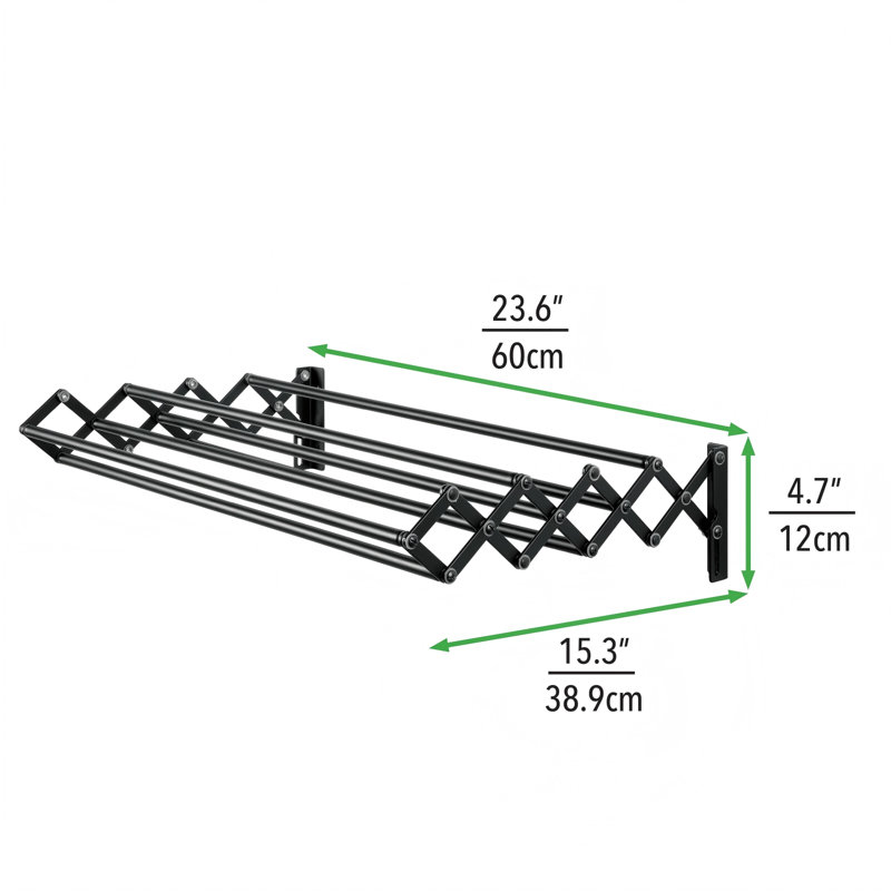 Séchoir à vêtements rétractable extensible en acier à fixation murale en acier - 8 barres pour vêtements suspendus - Organisateur, noir