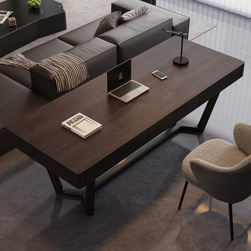 Bureau rectangulaire à 3 tiroirs couleur fumée + bois manufacturé noir + acier, H 29,53 po x l 70,87 po x P 27,56 po