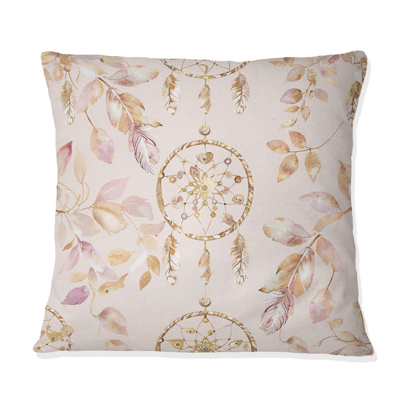Coussin bohème doré - rose, Carrée, H 18 po x l 18 po