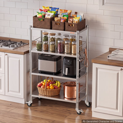Étagère de rangement à 4 niveaux en acier inoxydable 31,5 x 15,8 x 53,7 po, pour le garde-manger de la cuisine, organisateur autoportant robuste à roulettes 300 lb par tablette, tablettes réglables à 3 niveaux, 6 crochets