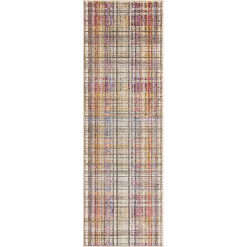 Tapis bleu / mauve / jaune à motif écossais Sease, Tapis de couloir 2 pi 6 po x 12 pi