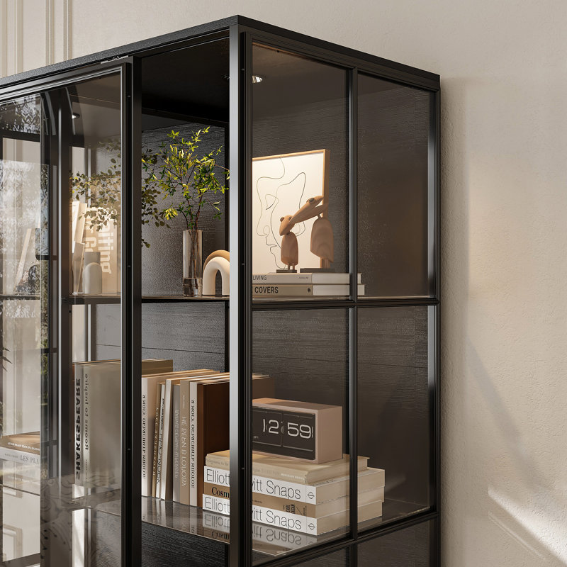 75'' H X 48'' W x 23.6'' D 4-Tier Display Cabinet Bookcase With Glass Doors And LED Light