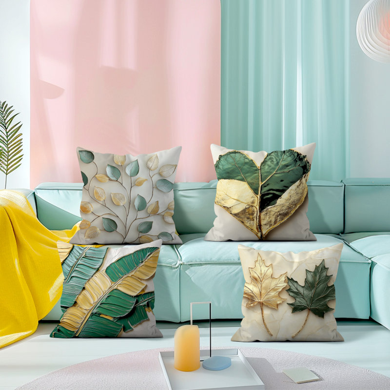 4 housses de coussin décoratif à motif de feuilles d'or