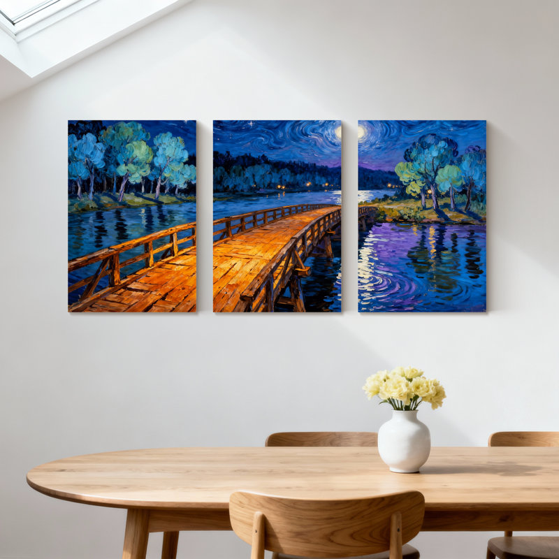 Abstrait pont en bois nuit ciel arbres eau reflets ensemble de 3 impressions d'art sur toile, H 30 po x l 60 po