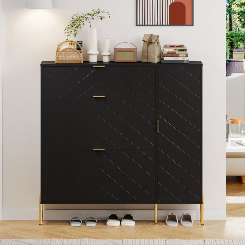 Armoire de rangement en MDF pour chaussures avec tiroirs et tablettes rabattables, Noir