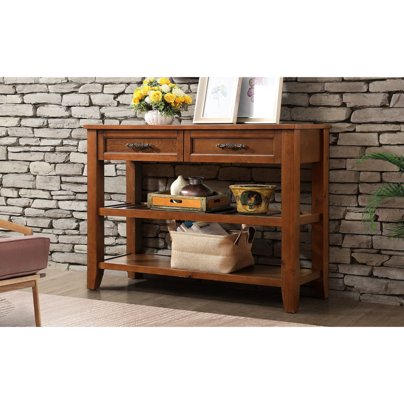 Console en bois massif avec 2 tiroirs de rangement et tablettes ouvertes, buffet Mid-Century pour le salon, la cuisine, le vestibule, le couloir, l'allure brune, la salle à manger,