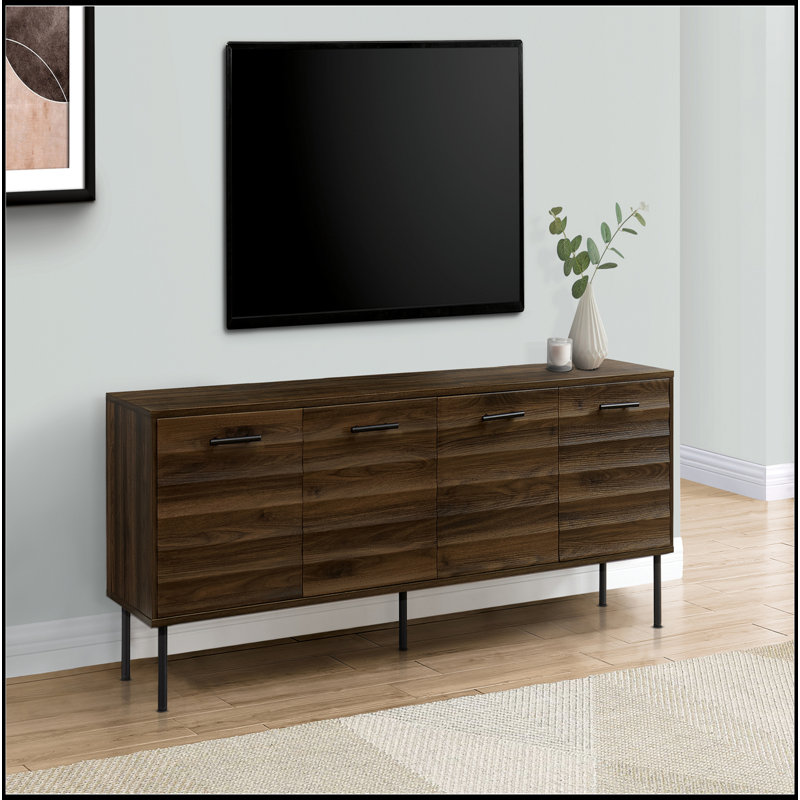 Meuble télé, 72 po, console, meuble multimédia, armoire de rangement, stratifié brun, métal noir, transitionnel
