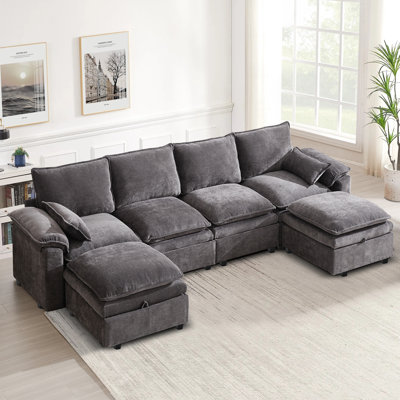 6 Seat Chenille U Shaped Modular Sectional Sofa With Storage