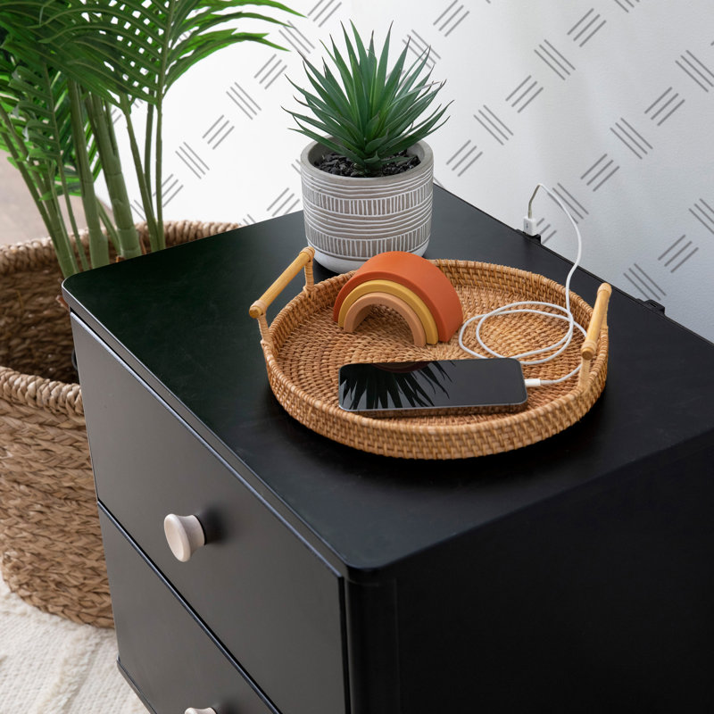 Black and Natural 2-Drawer Nightstand with USB Port