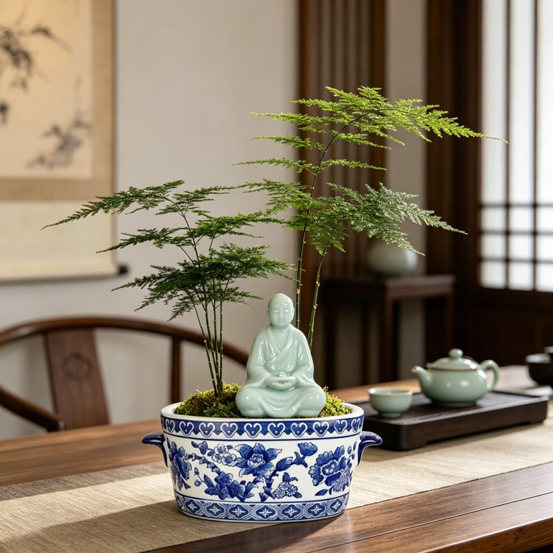 Blue And White Ceramic Planter Pot, Vintage Floral Oval Cachepot Vase For Indoor Plants, Flowers And Succulents, Glazed Chinese Porcelain Style Decorative Bowl, 10.6 Inch, No Drainage