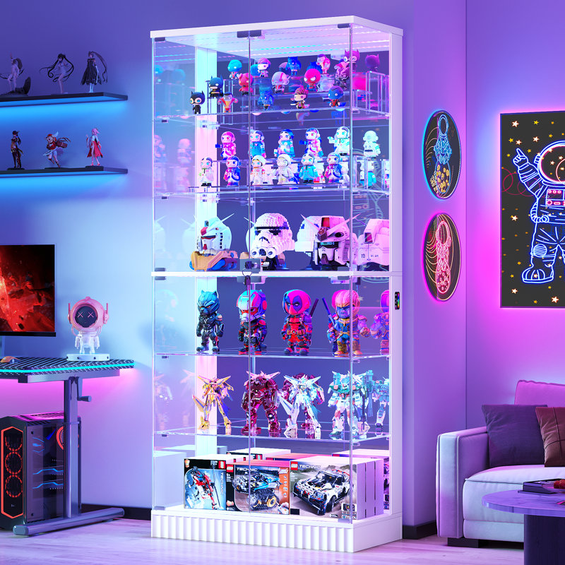 Vitrine en verre 71 "avec lumières RVB, armoire de rangement à 6 niveaux avec serrure, Blanc