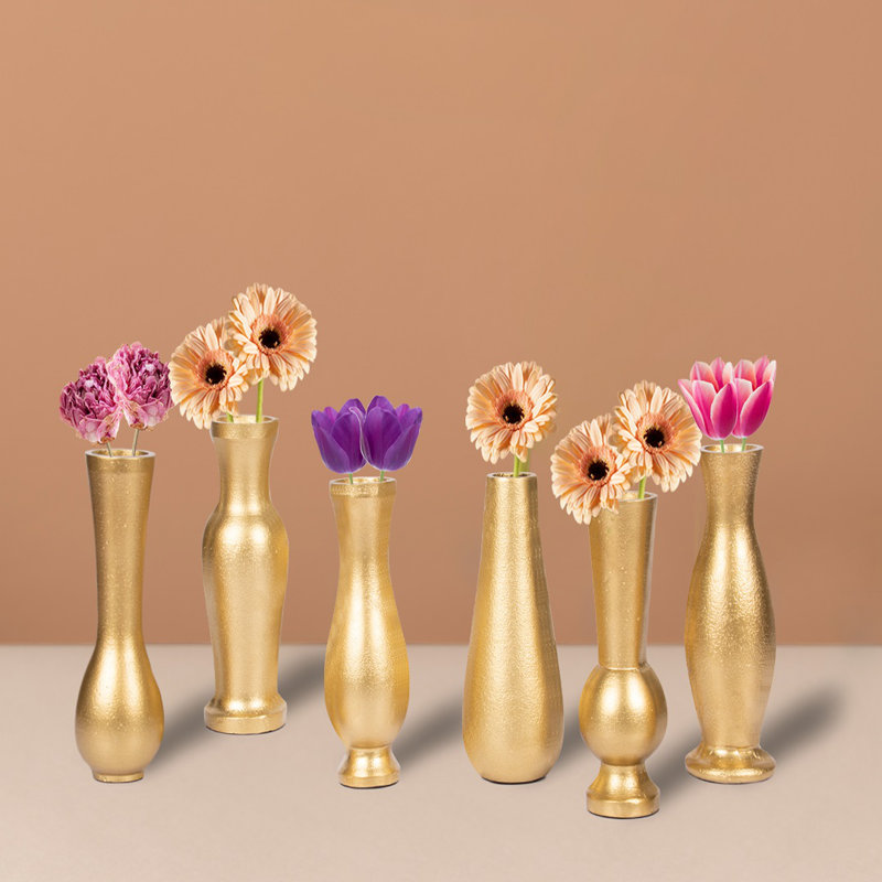Ensemble de 6 petits vases à fleurs en métal doré pour fleurs