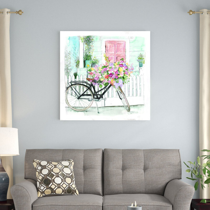 Aquarelle, bicyclette et fleurs fraîches - peinture sur toile tendue, H 36 po x l 36 po, Toile avec cadre argenté, Non