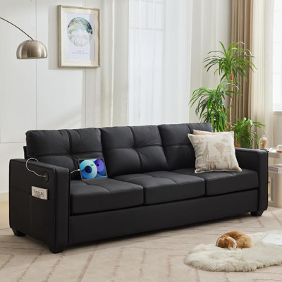 88” W Faux Leather Couch With Square Armrests by Ebern Designs