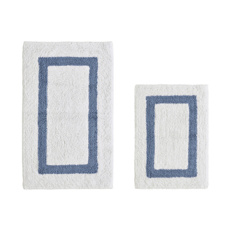 Broshous Premium 100% Cotton 2370 GSM 2-Piece Bath Rug Set, Ultra Plush Tufted Bathroom Mats, Super Absorbent OEKO-TEX® Certified, Reversible, Machine Washable, Spa-Like Comfort, White/Dark Blue