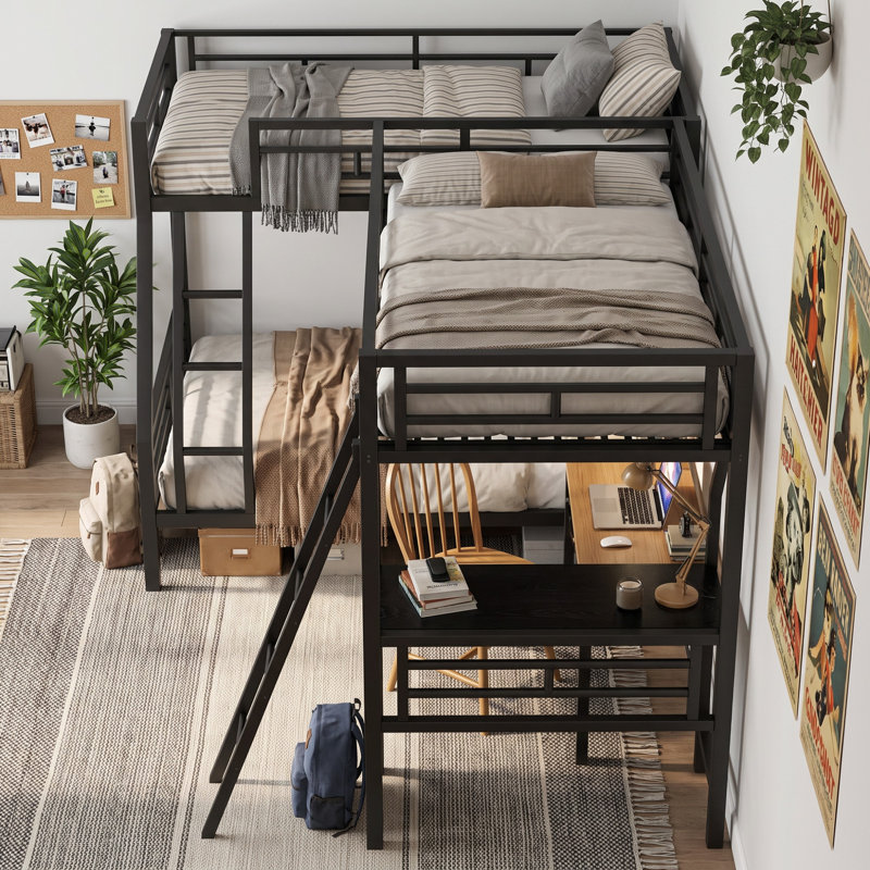 Lit superposé triple en L noir en métal, lit superposé simple au-dessus d'un lit double attaché avec lit mezzanine simple, échelle intégrée et bureau intégré, sommier non requis