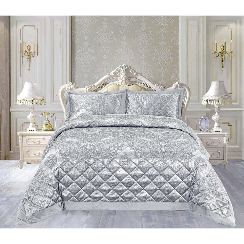 Haith Polyester Floral Bedspread with Pillowcases Included, Double Bedspread - 2 Pillowcases, Silver