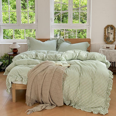 Gingham Ruffled Duvet Cover Set, Pre-Washed Microfiber Ultra-Soft Plaid Checked Comforter Cover Set