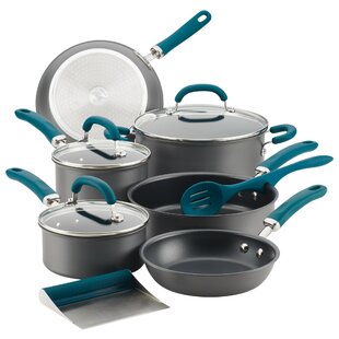  Rachael Ray Brights Hard-Anodized Nonstick Cookware Set with  Glass Lids, 14-Piece Pot and Pan Set, Gray with Orange Handles: Rachel Ray  Cookware: Home & Kitchen