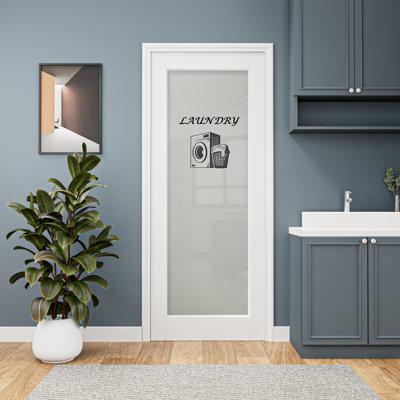 Porte intérieure à dalle de verre givré blanc blanchi en bois manufacturé massif de taille standard H 80 po / H 96 po