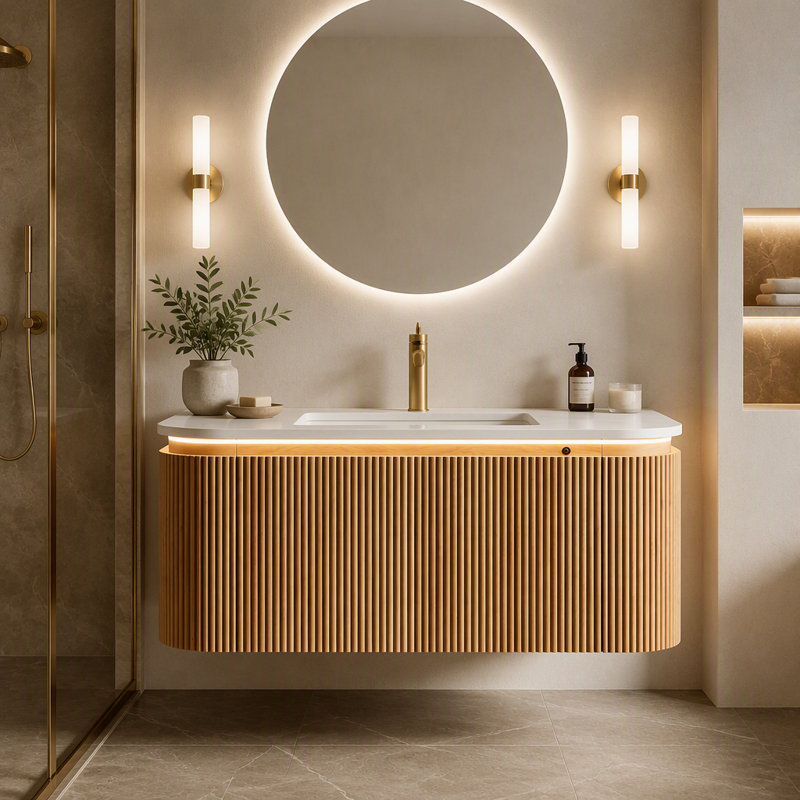 Meuble-lavabo et lavabo 36 po, commode rayée à bords arrondis avec tiroir, capteur de lumière, lavabo intégré en pierre frittée à motif de travertin, pré-assemblé, couleur grain de bois naturel