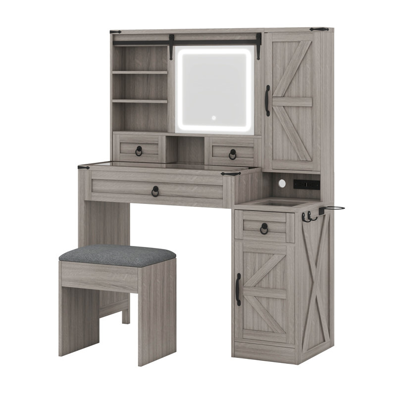 Bureau de maquillage de ferme avec station de charge, bureau de coiffeuse avec miroir lumineux et tiroirs, Gris