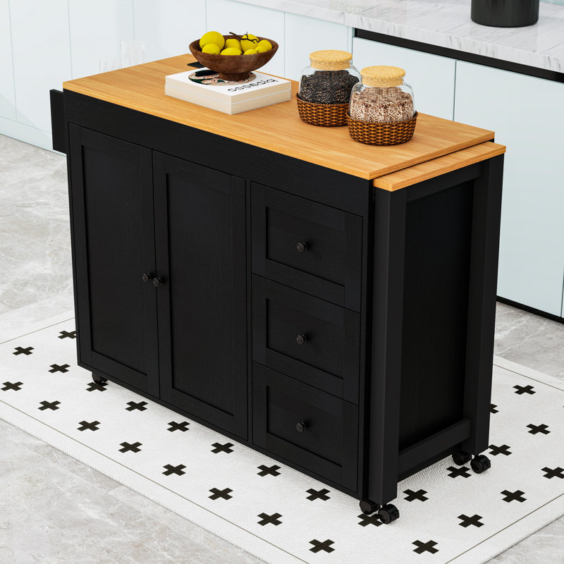 Rolling Kitchen Island with 3 Drawers, Extendable Table, Power Outlet and Storage Cabinet, Black