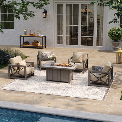 Ensemble de conversation pour patio en aluminium avec coussins Sunbrella® et table de foyer en béton