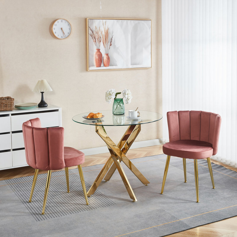 Chaise de salle à manger en velours avec pieds en fer de couleur dorée, Rose