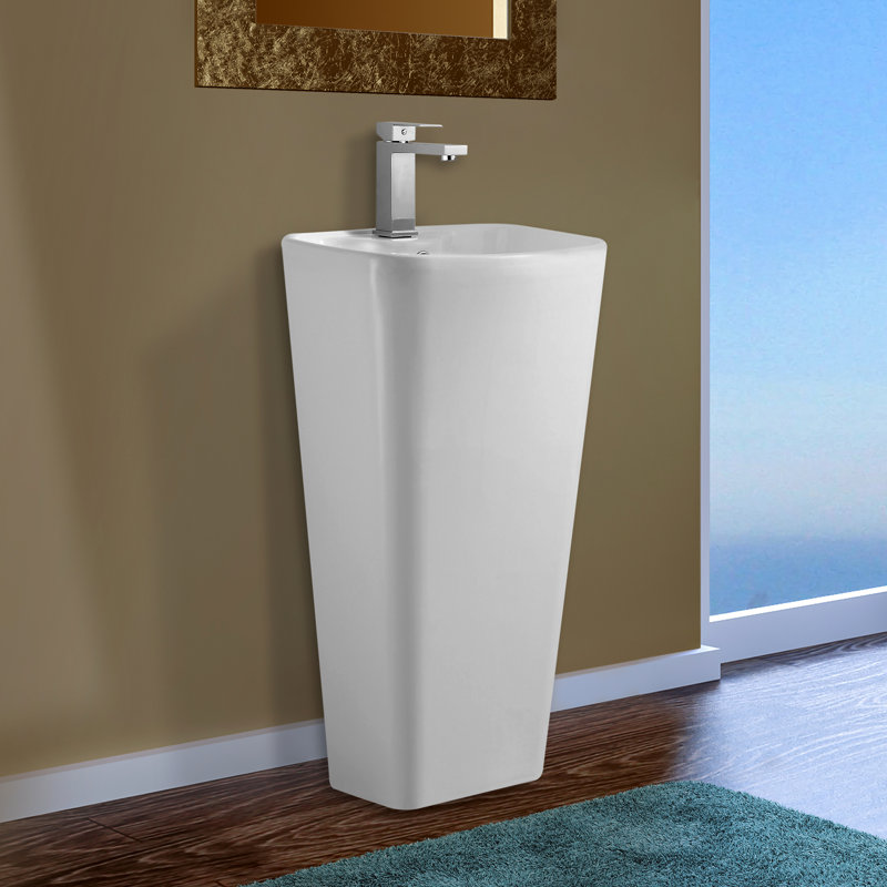 33" Tall Ceramic Rectangular Pedestal Bathroom Sink with Overflow, White