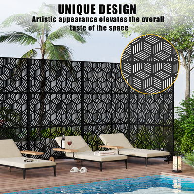 Paravent d'extérieur autoportant en métal avec support, 119 x 183 cm, panneau de séparation décoratif pour jardin/terrasse - Acier résistant aux intempéries - Noir - Grille cubique