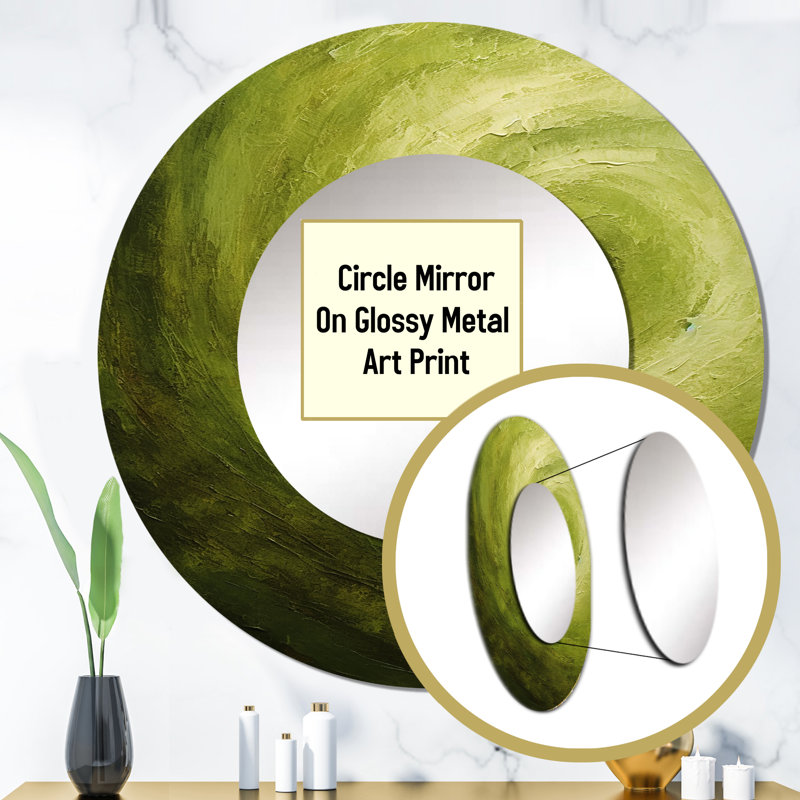 Green Orbit Spiral I - Abstract Spirals Decorative Wall Mirror, Modern Round Mirror, Printed Metal Art, 36" x 36"