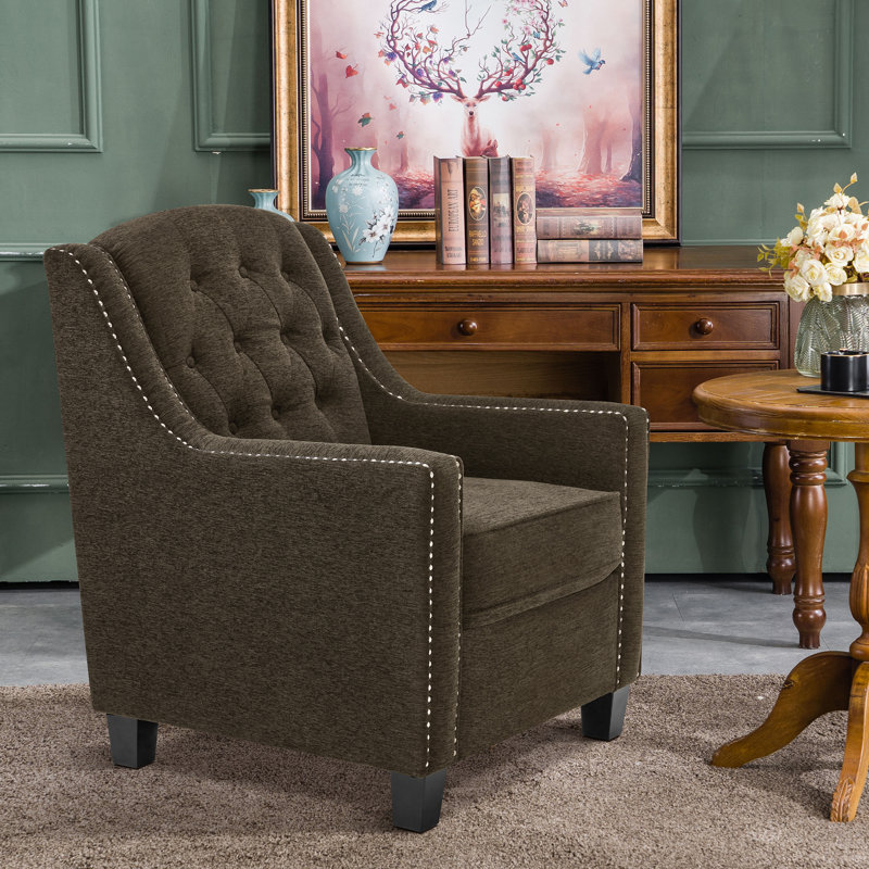 Leomar Modern Accent Armchair, Upholstered Nailhead Trim, Brown Chenille