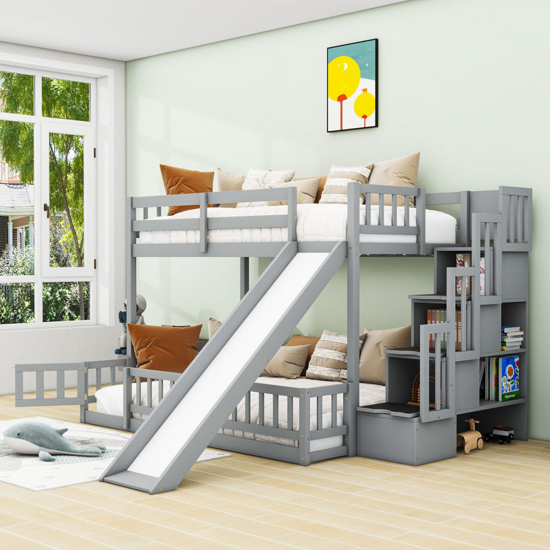 Lit superposé simple au-dessus de double avec glissière et escalier de rangement, tablettes, Gris