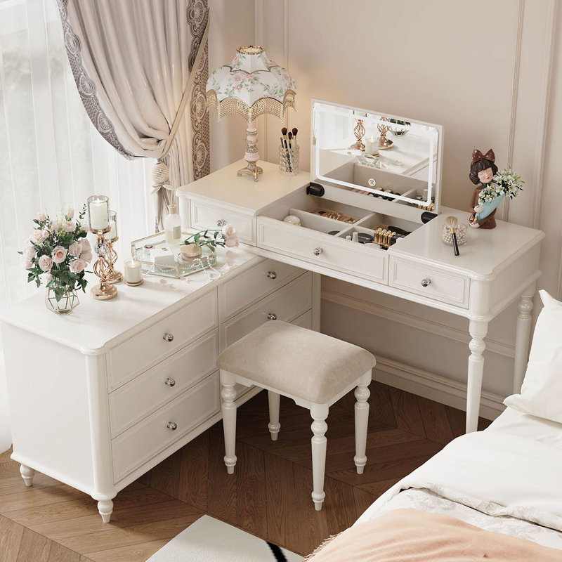 Coiffeuse en L 82,68 po de style crème avec miroir de coiffeuse