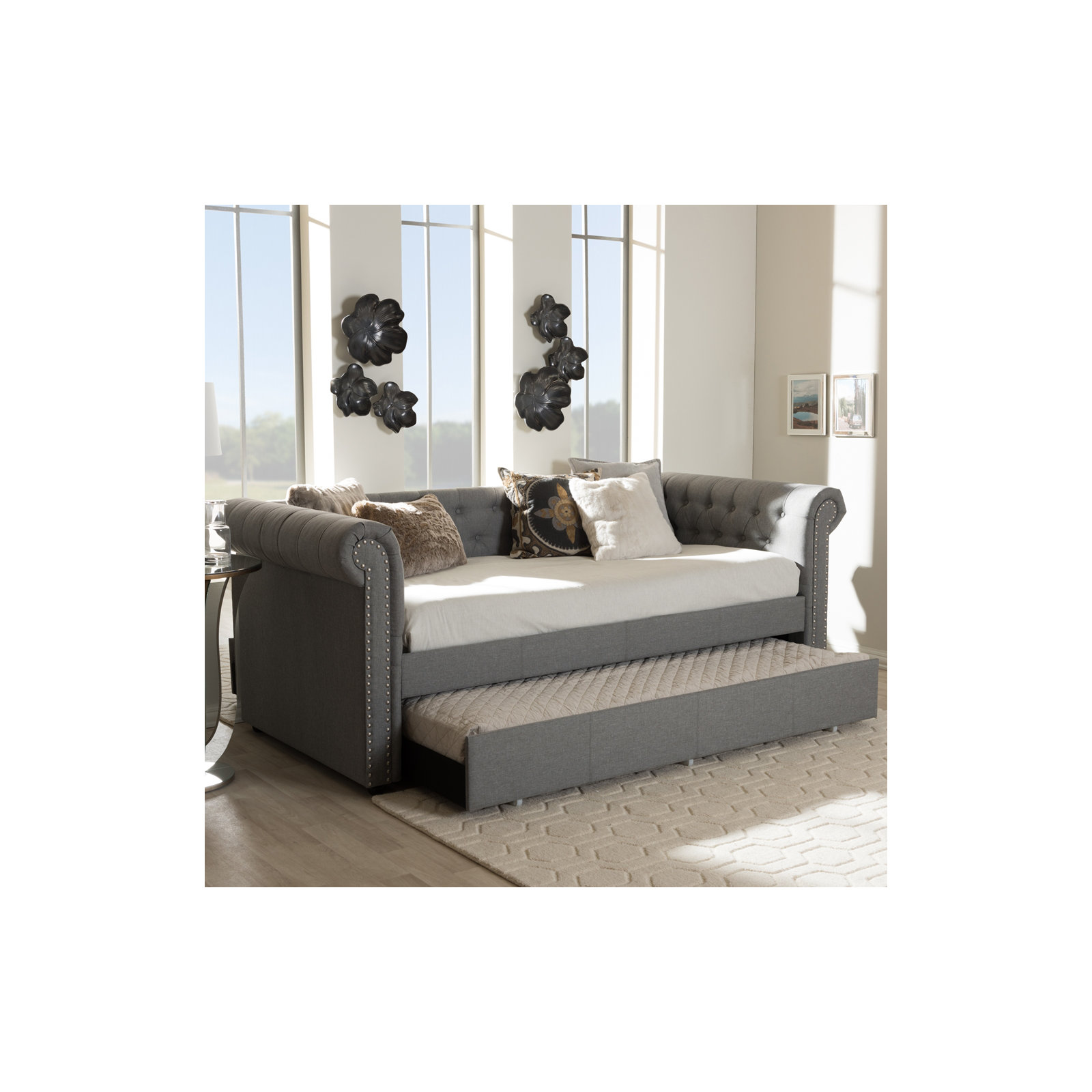 Mynard Upholstered Daybed with Trundle - Twin, Gray