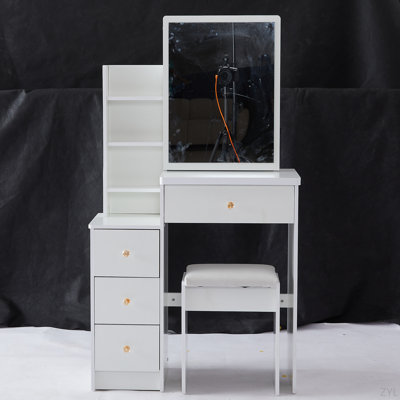 29.2" Small Space Left Vanity Table + Cushioned Stool, Extra Large Right Sliding Mirror, Multi Layer High Capacity Storage, Practical Fashionable Dresser, Suitable For Small Space