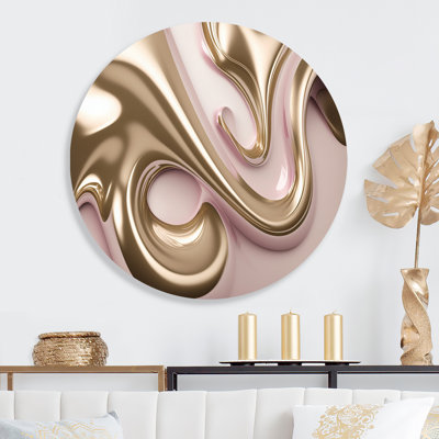 Subtle Sophistication In Exquisite Pink And Gold IX - Abstract Liquid ink Round Wall Art on Metal
