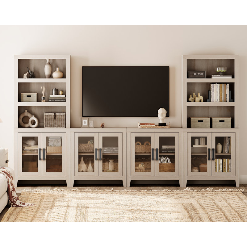 Farmhouse Entertainment Center With Bookshelves, 4-Piece Modular TV Stand With Storage Towers, Glass Doors, Open Shelves,  Media Console For Living Room, Home Theater, Beige