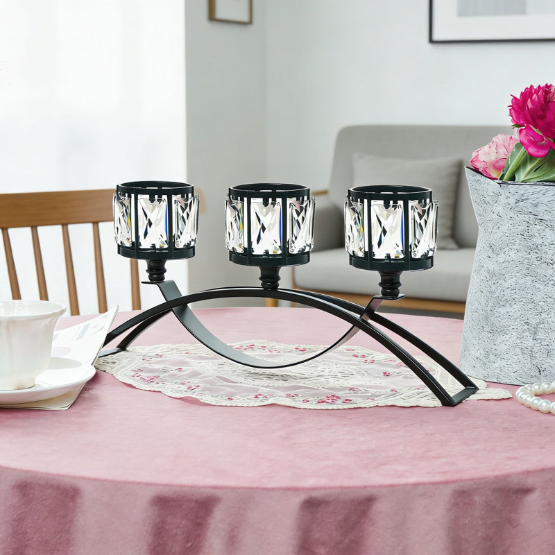 3-Arm Arched Candelabra Centerpiece With Crystal Bowls - Modern Tabletop Candle Holder For Wedding, Dining Room, And Home Decor