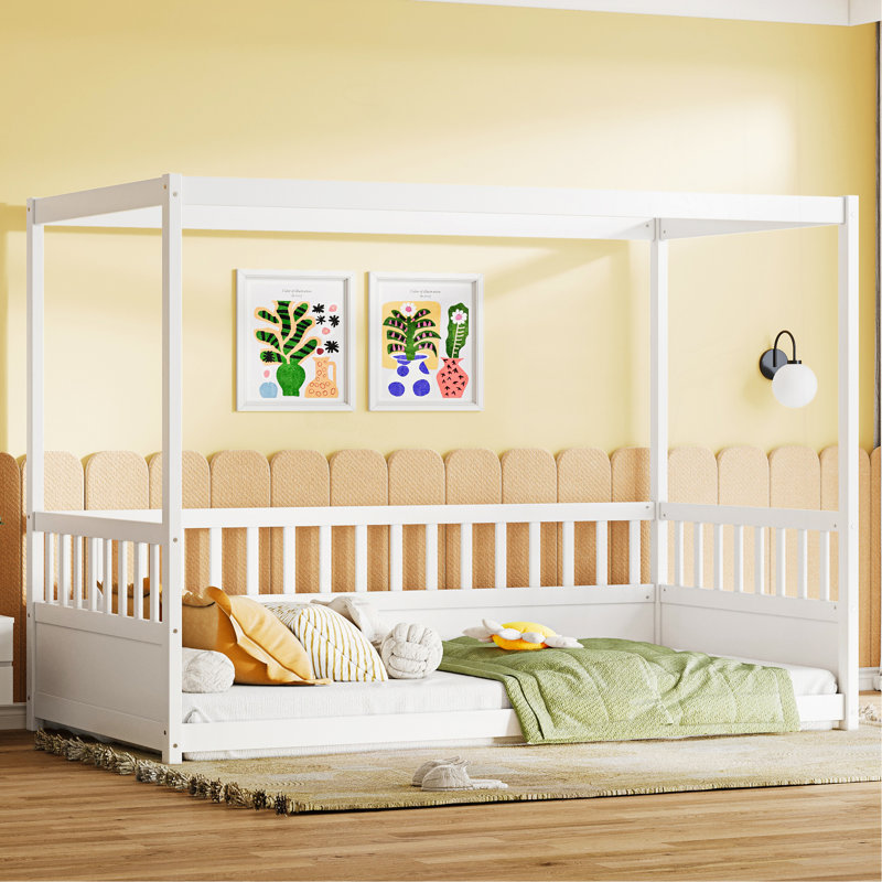 Twin Size Canopy Bed Frame With Guardrails For Kids,Floor Bed Twin With Four Poster Design,Kids Montessori Floor Bed,Wood Canopy Bed Frame For Girls,Boys(Twin,White)