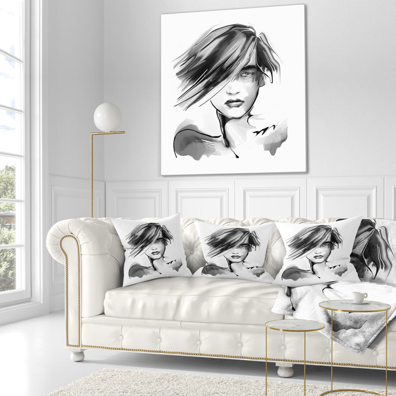 Jeune femme en noir et blanc - coussin imprimé Portrait, 18 po x 18 po, Coussin décoratif