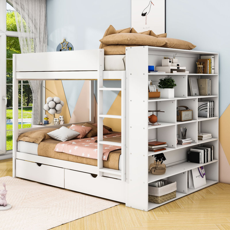 Lit superposé en bois Huesman avec deux tiroirs de rangement et tablettes multicouches, Lit superposé double sur double