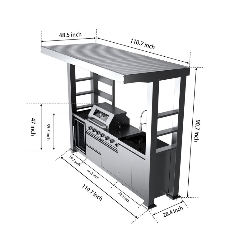 Cuisine extérieure en acier galvanisé avec barbecue et réfrigérateur en acier inoxydable, Black