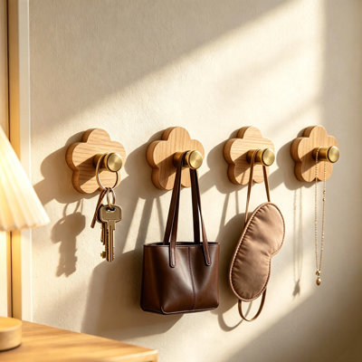 Wooden Wall Hooks,Natural Wood Hook Coat Rack, Heavy Duty Hooks, 4 Pack