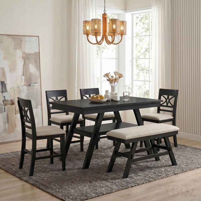 Ensemble de table de salle à manger 6 pièces à hauteur de comptoir en bois avec tablette de rangement, ensemble de table de cuisine avec banc et 4 chaises, style rustique, espresso + coussin beige