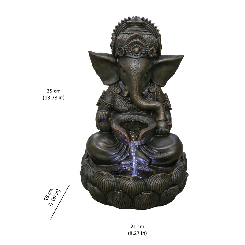 Fontaine sculpturale en résine avec lumière Lord Ganesh, Brun